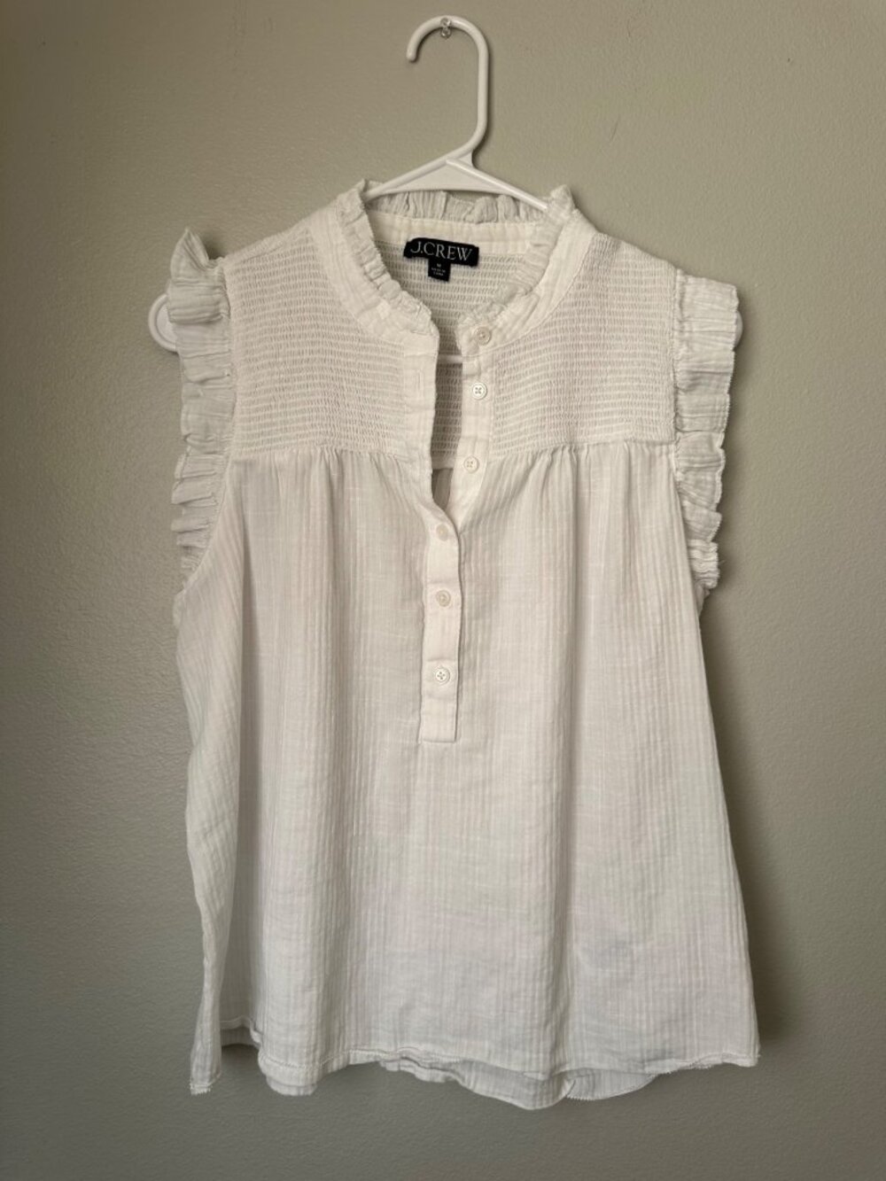 J. Crew Pullover Blouse Ruched Ruffle Edges Cotton Lightweight Minimalist White